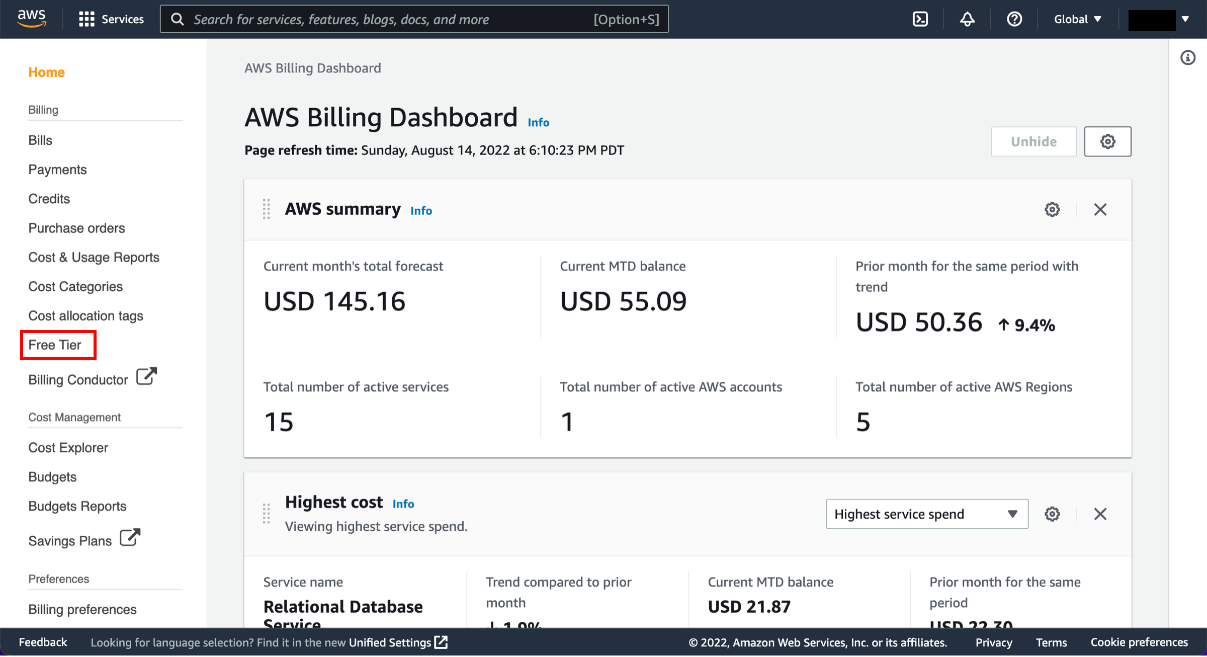 [AWS Billing Dashboard] (AWS 請求ダッシュボード)。ナビゲーションペインに無料利用枠が強調表示されています。