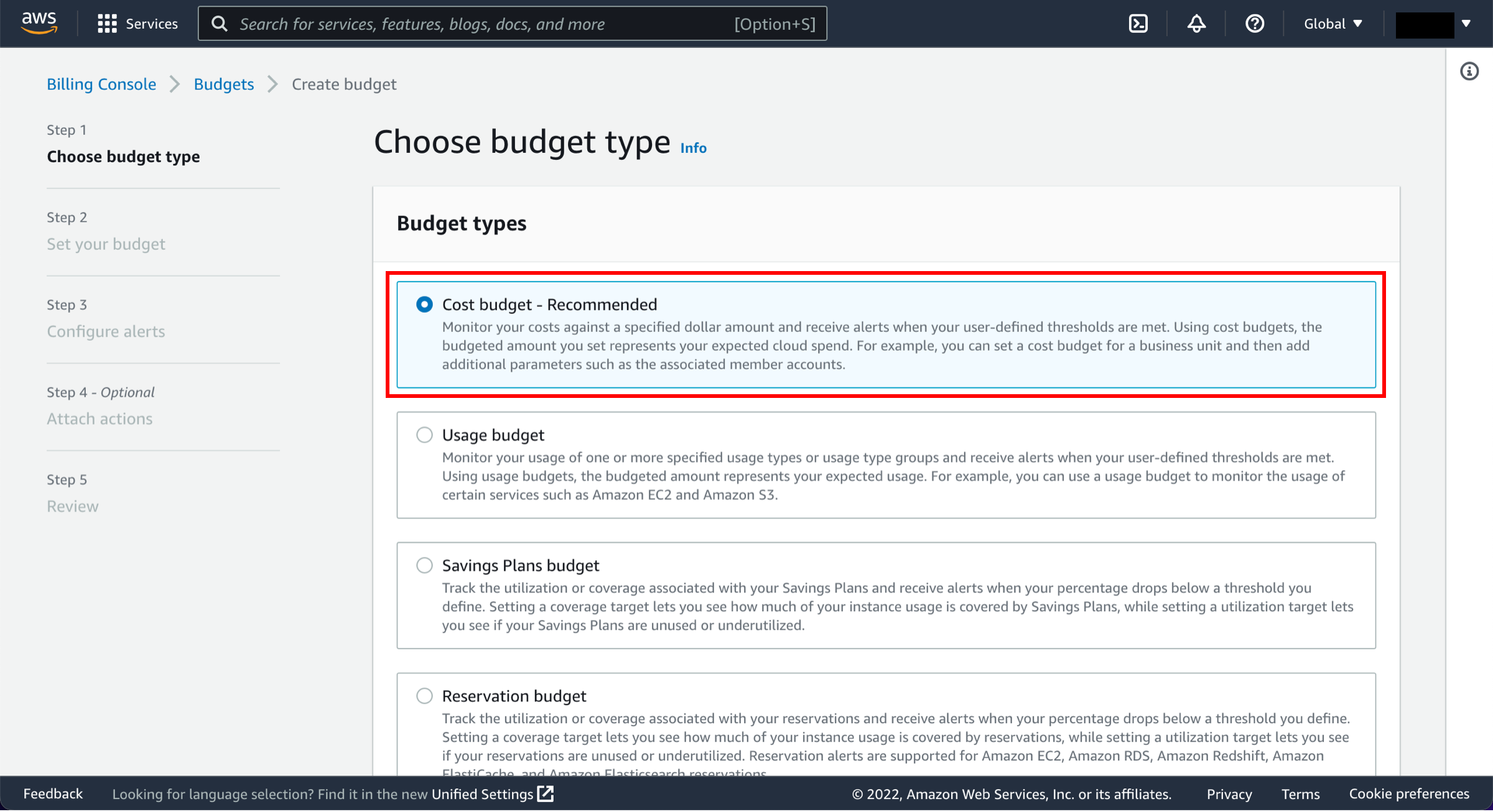 [Choose budget type] (予算タイプを選択) ページ。[Cost budget] (コスト予算) オプションが選択されています。