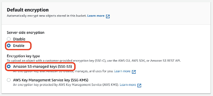 Default encryption section, with Server-side encryption and Amazon-S3-managed keys (SSE-S3) selected.