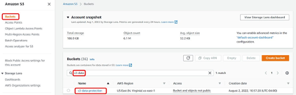 Buckets section showing search results and s3-data-protection bucket selected.