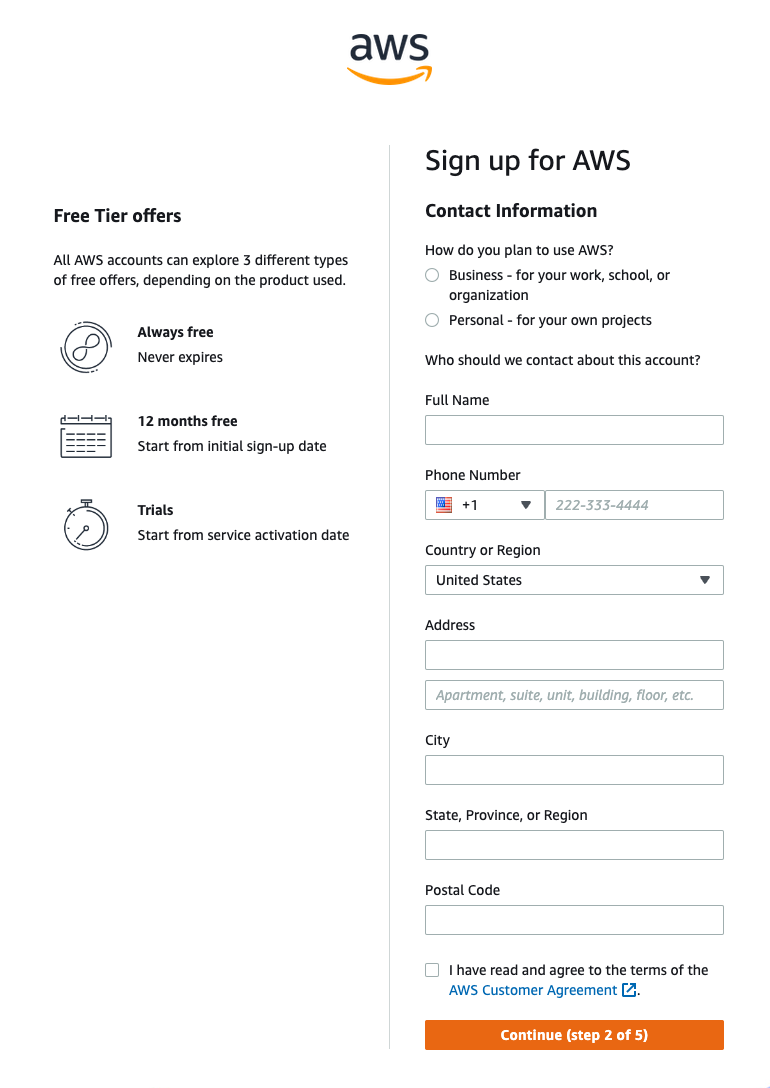 Sign-up page for AWS account, with options to select business or personal account, and fields to enter contact information.