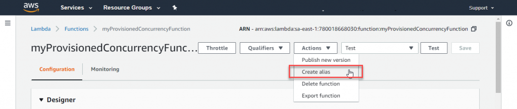 4. Go to the Actions drop-down and choose Create alias