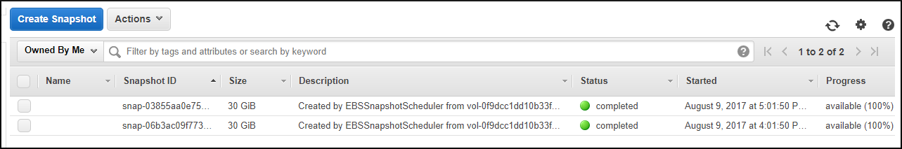 Screenshot of snapshots beginning to populate on the Snapshots page of the EC2 console