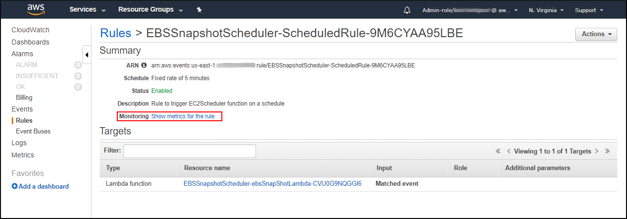 Screenshot of monitoring when EBS Snapshot Scheduler has run by choosing the name of the CloudWatch rule