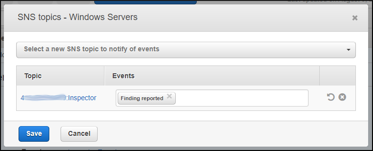 Screenshot of choosing the previously created topic and the events about which you want SNS to notify you