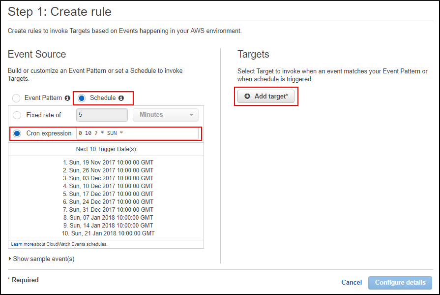 Screenshot of scheduling an Amazon Inspector assessment with a Cron expression