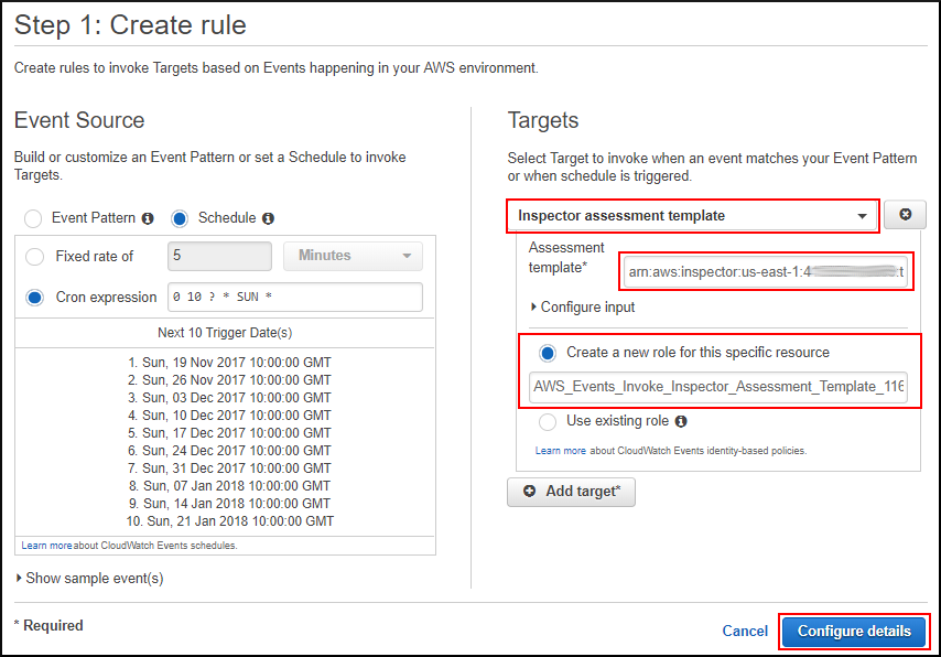 Screenshot of adding a target