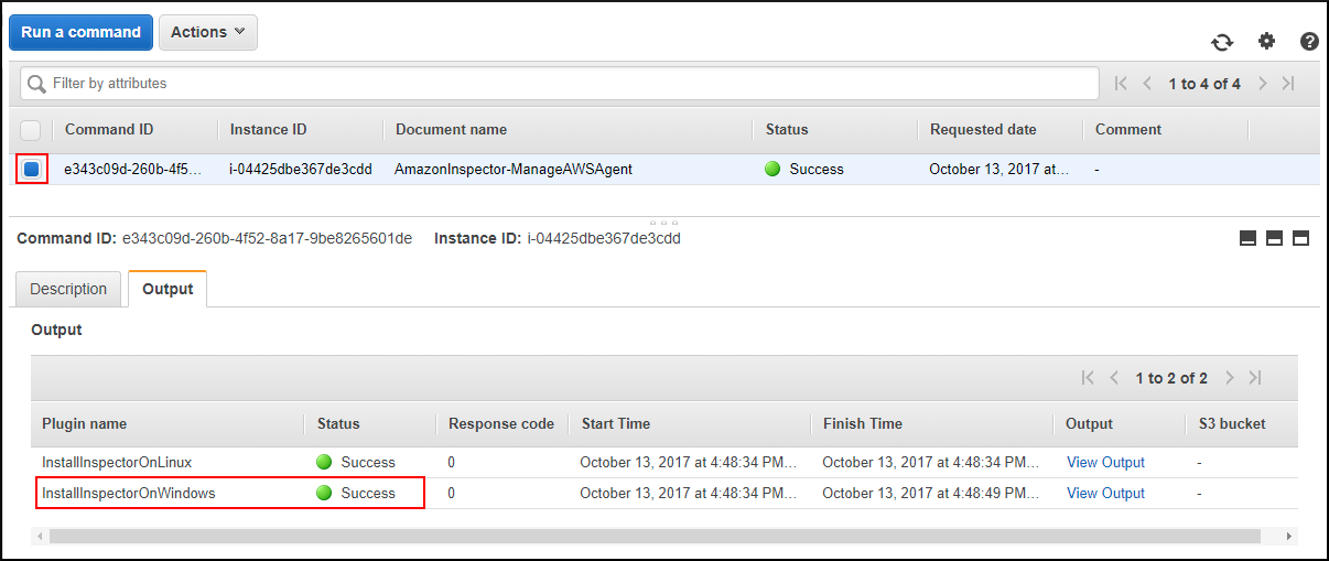 Screenshot showing that the command that installed the Amazon Inspector agent executed successfully on all selected EC2 instances