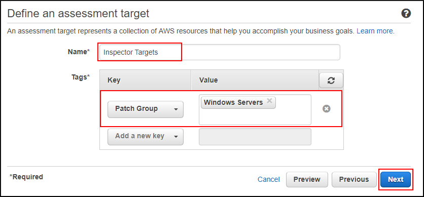 Screenshot of defining the Amazon Inspector target