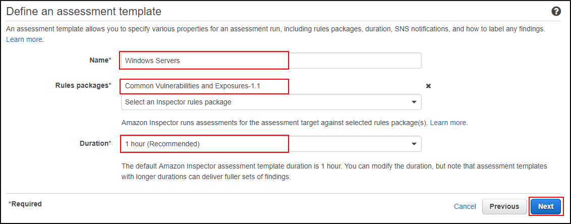 Screenshot of defining an assessment template