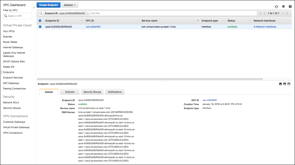 Screenshot of viewing DNS hostnames by choosing the VPC Endpoint ID and then choosing the Details tab of the endpoint in the Amazon VPC console