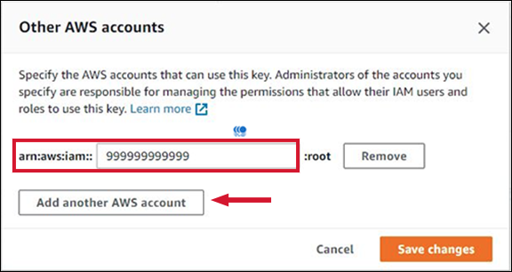 Figure 2: Enter the target account ID and then select "Add another AWS account"