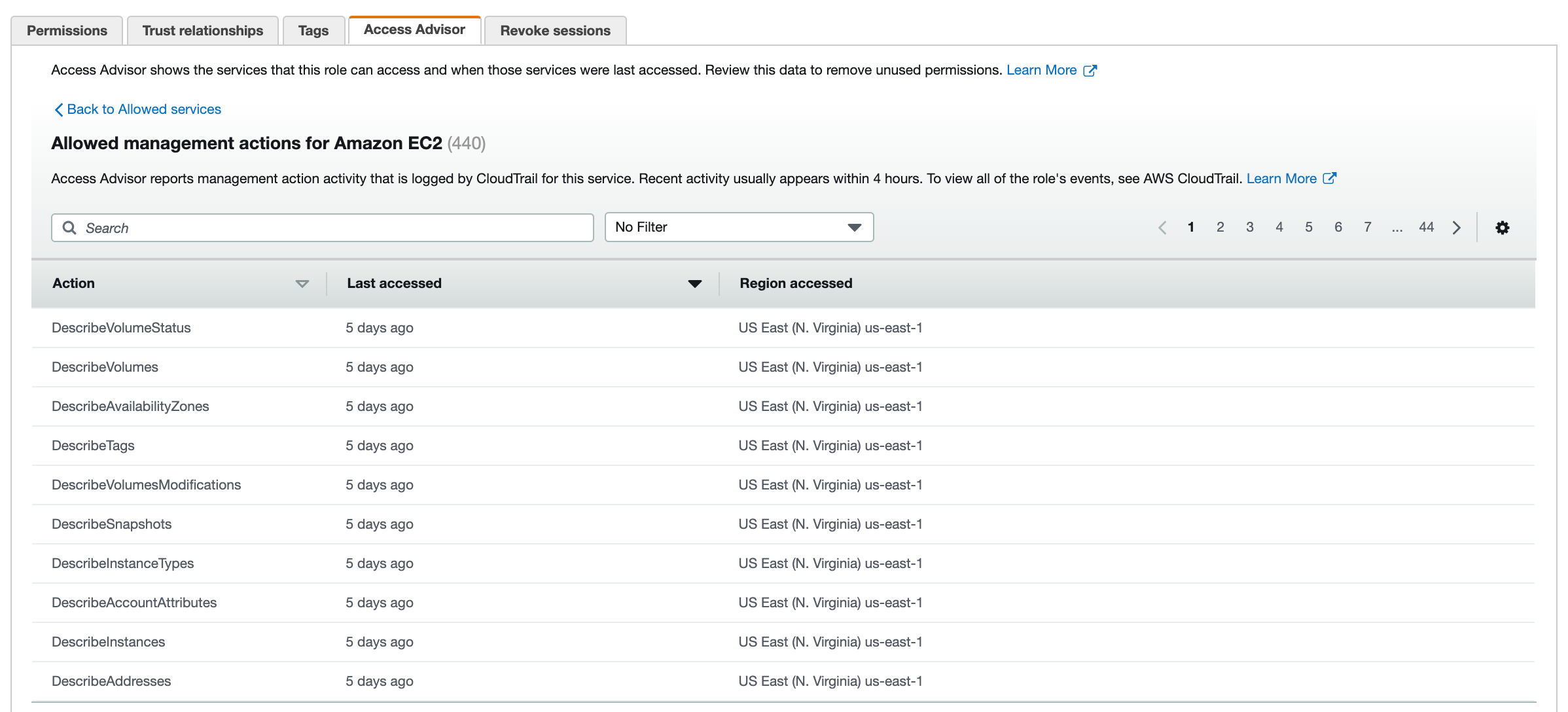 Figure 2: Access Advisor tab – list of EC2 actions accessed recently