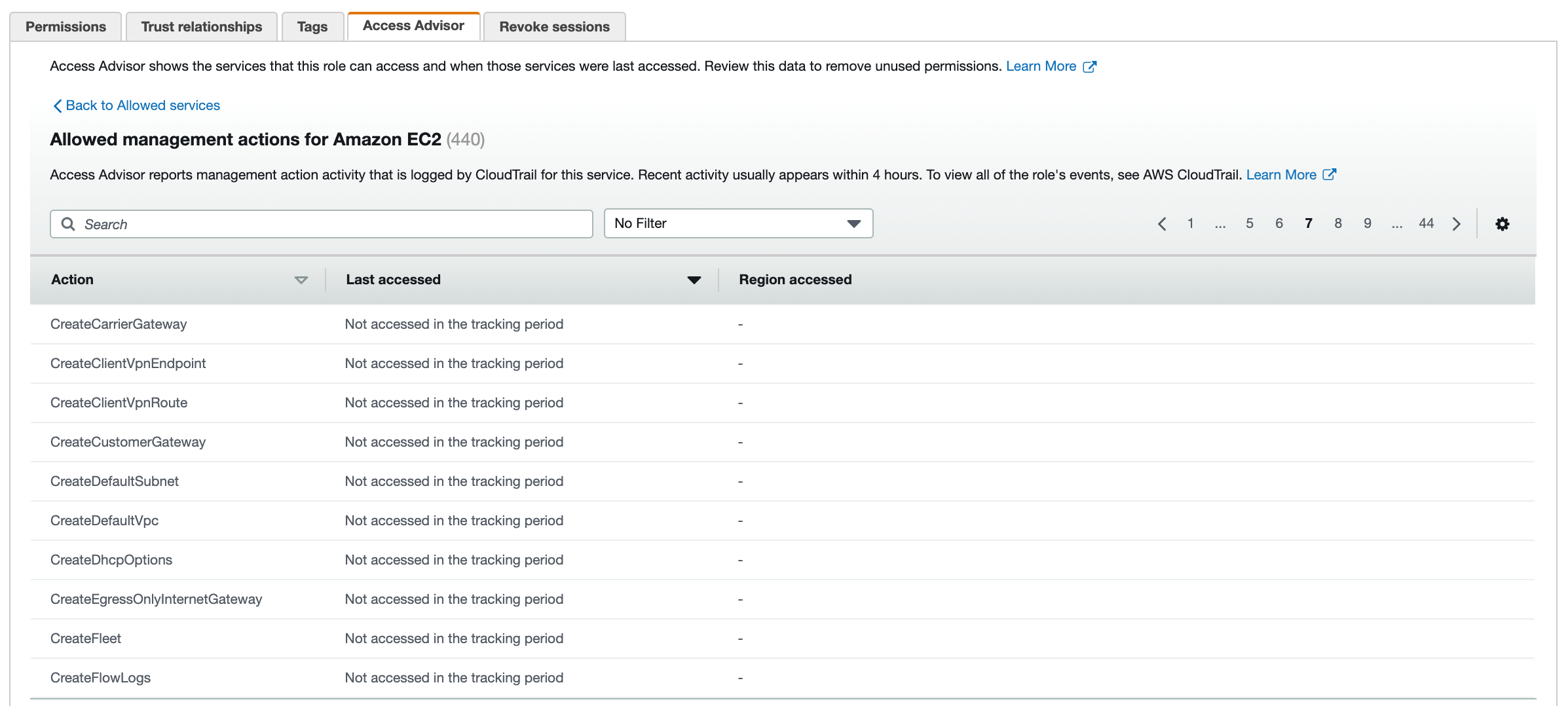 Figure 3: Access Advisor tab – list of EC2 actions not accessed recently 