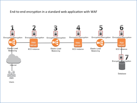 Image of end-to-end encryption in a standard web application with WAF