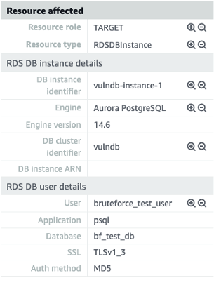 Figure 8: Finding details showing Amazon RDS database instance and user details