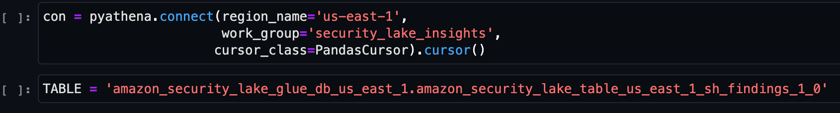 Figure 9: SageMaker notebook load Security Lake data settings