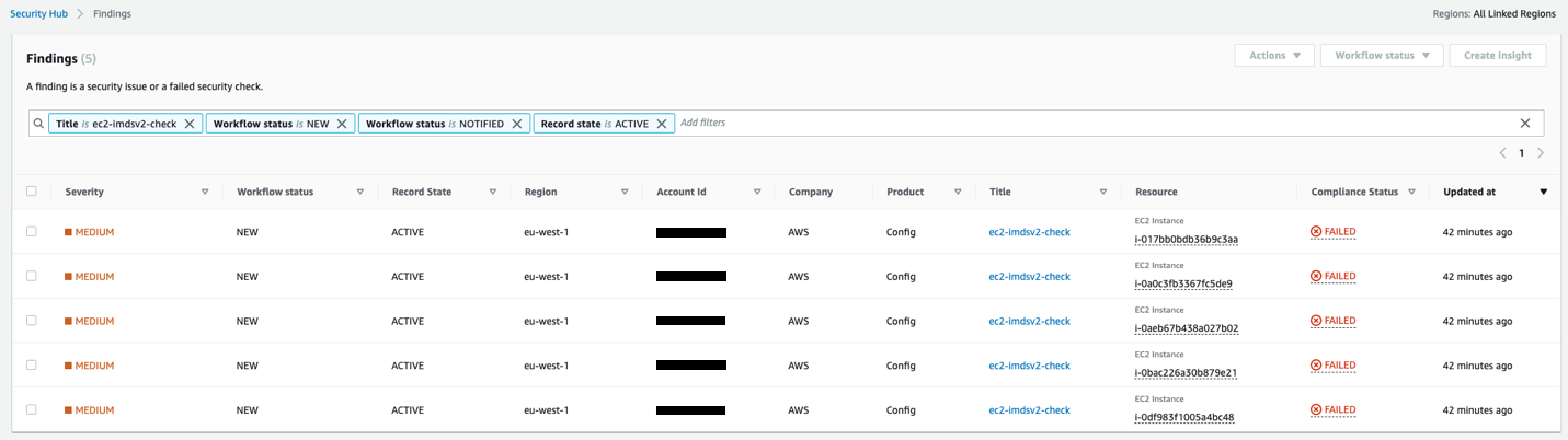 Figure 3: Example of AWS Security Hub showing noncompliant EC2 instances