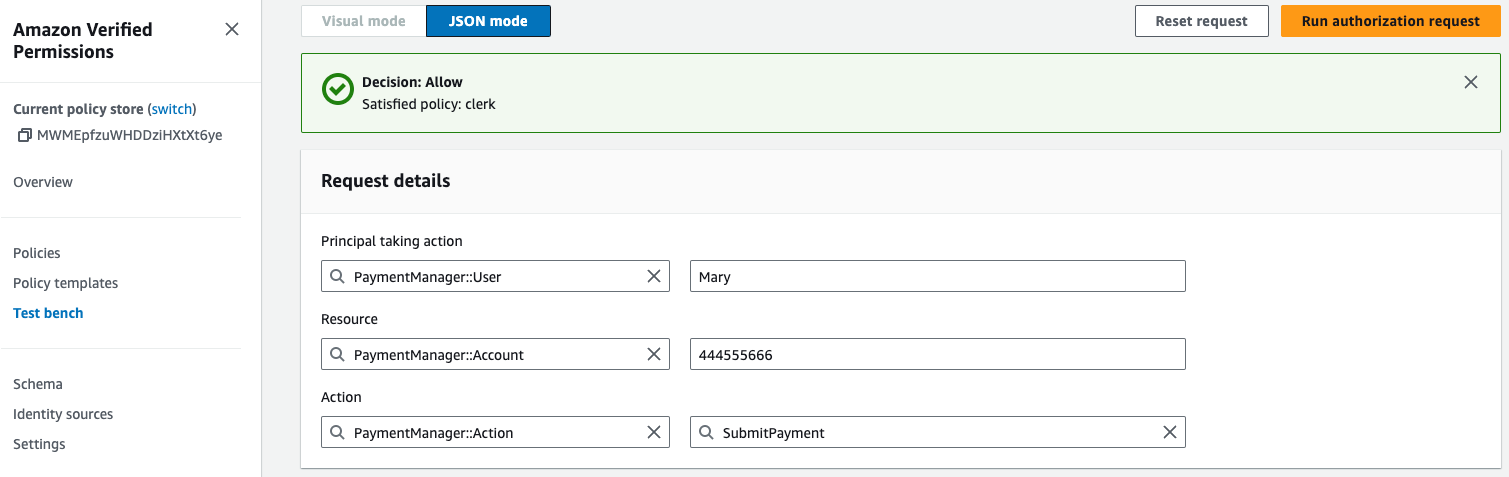 Figure 2: Using the test bench to test if Mary can submit payment