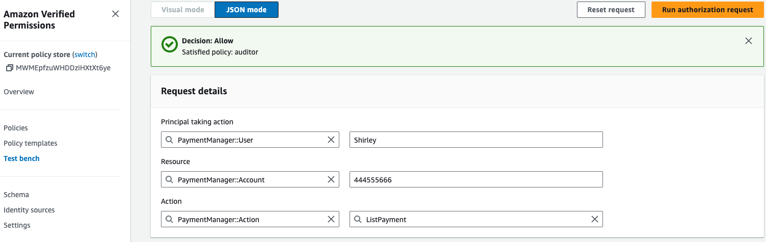 Figure 4: Using the test bench to test if Shirley can list payments