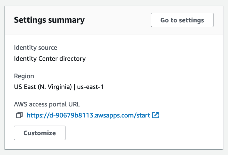 Figure 11: Screenshot of the settings summary in Identity Center.