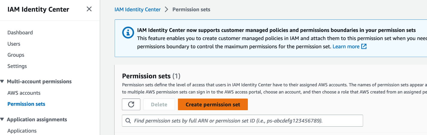 Figure 5: Screenshot of permission sets in Identity Center.