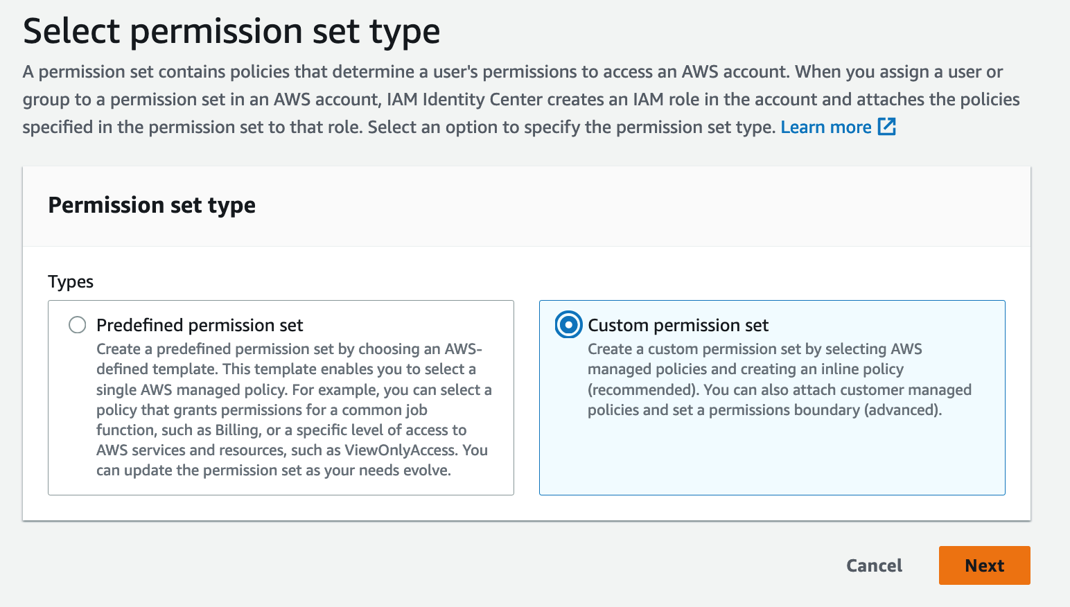 Figure 6: Screenshot of permission set types in Identity Center.