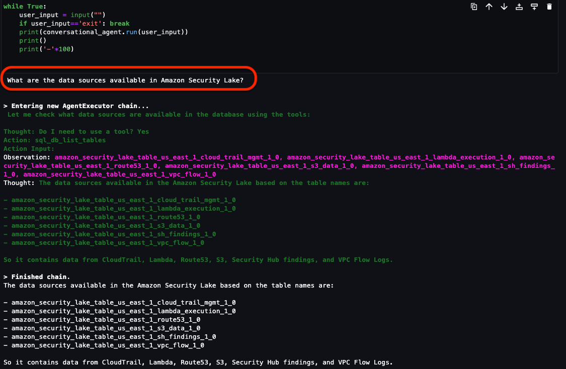 Figure 14: LangChain agent output for Security Lake tables