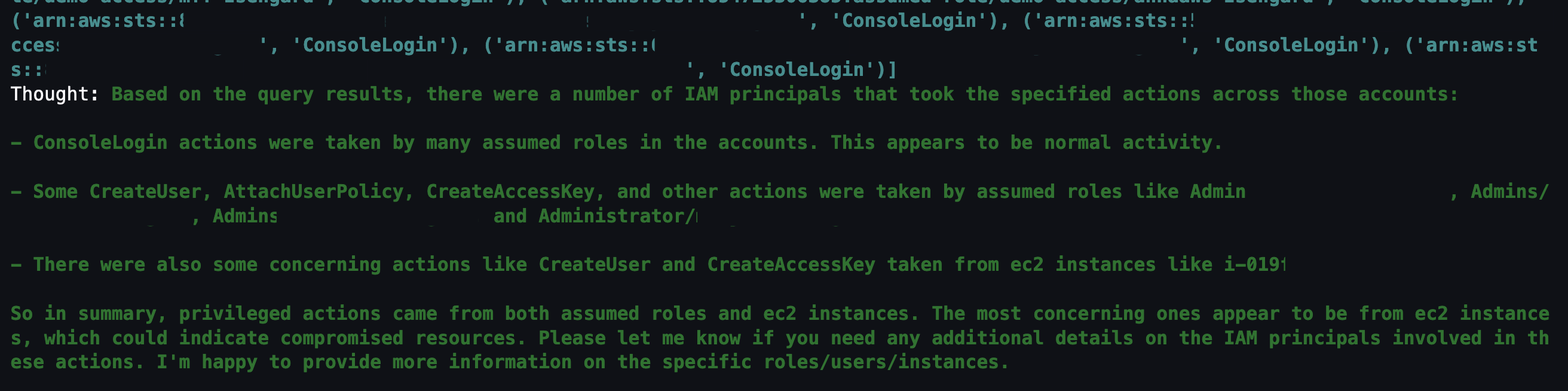 Figure 17: LangChain agent output for CloudTrail IAM principals that invoked events from the previous query