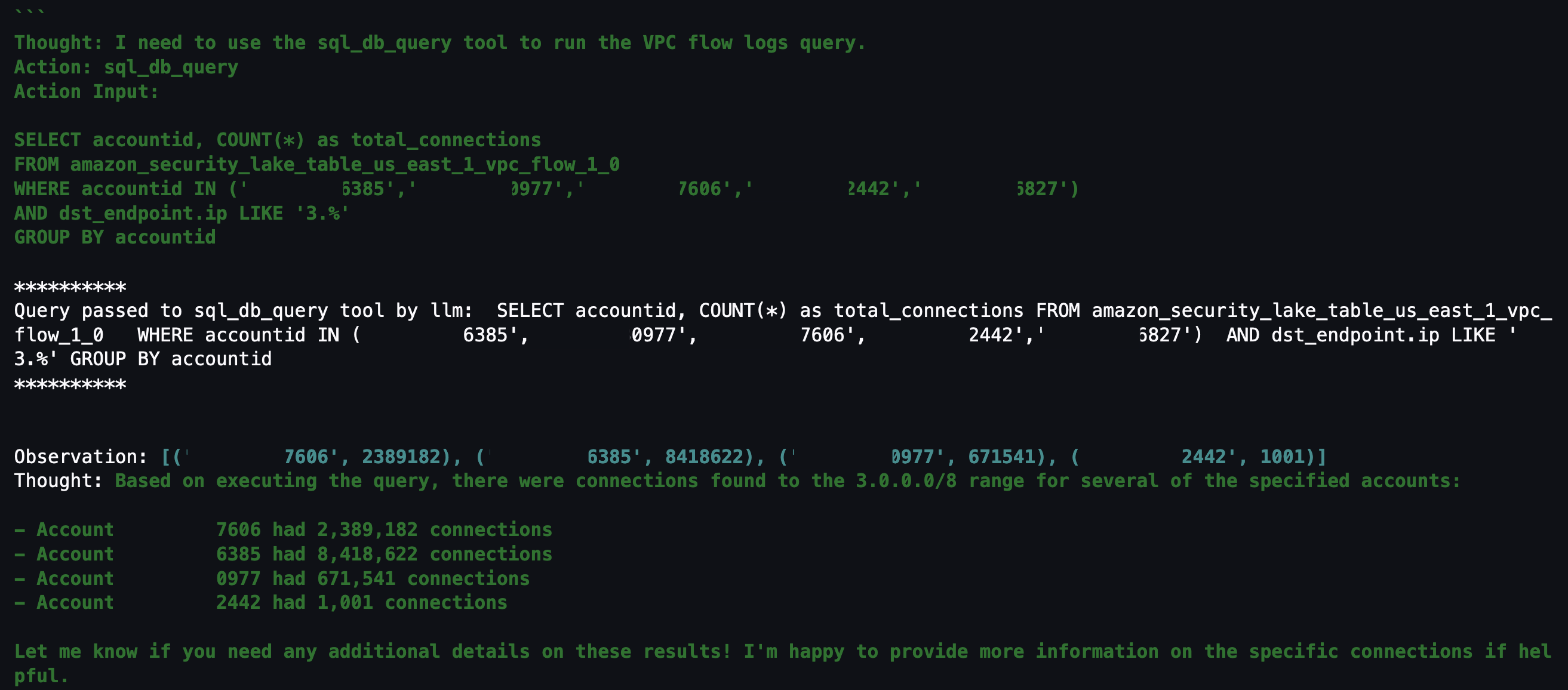 Figure 18: LangChain agent output for VPC flow log matches to specific CIDR