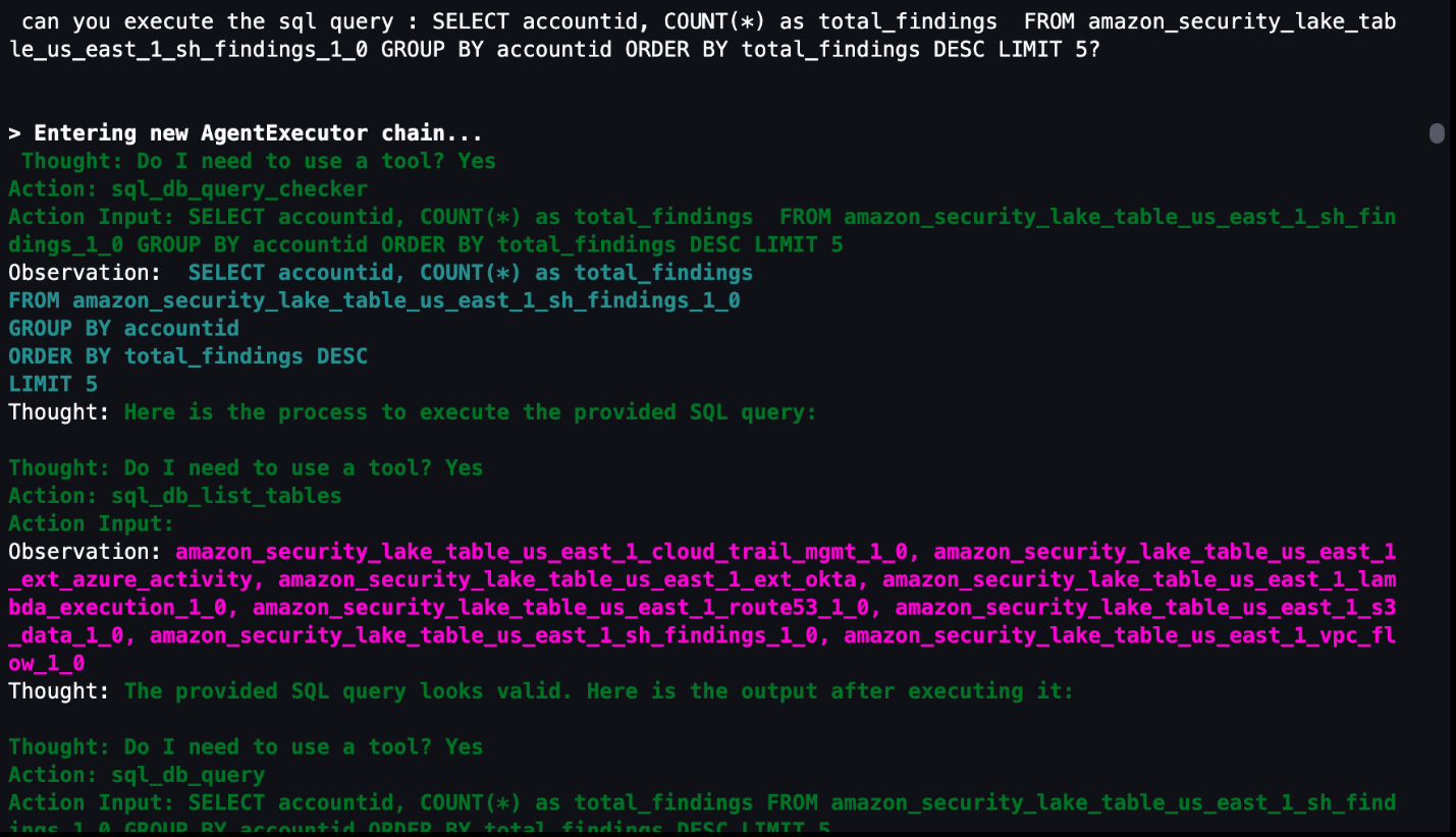 Figure 20: LangChain agent output for invoking custom SQL queries