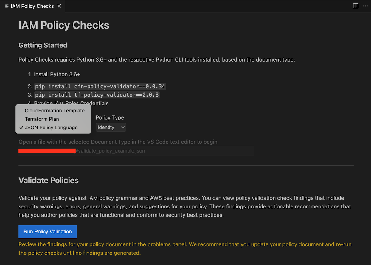 Figure 2: IAM Access Analyzer ValidatePolicy check results