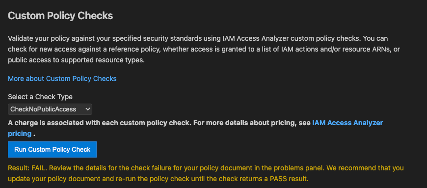 Figure 5: IAM Access Analyzer CheckNoPublicAccess check results