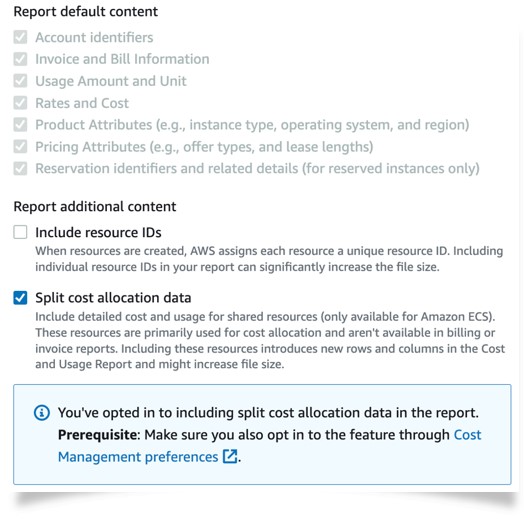 Figure 2. Configure Cost and Usage Report (CUR) for “Split cost allocation data”