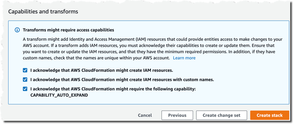 Snapshot of cloudformation capabilities and transforms section