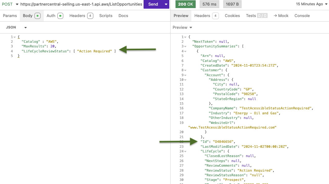 This shows the listOpportunities API call, the parameters and the JSON returned 