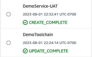 Two stacks are needed to create a Pipeline that deploys to a single environment. One stack deploys the Toolchain with the Pipeline and another stack deploys the Service compute infrastructure and CodeDeploy Application and DeploymentGroup. In this example, for an application named Demo that deploys to an environment named UAT, the stacks deployed are: DemoToolchain and DemoService-UAT