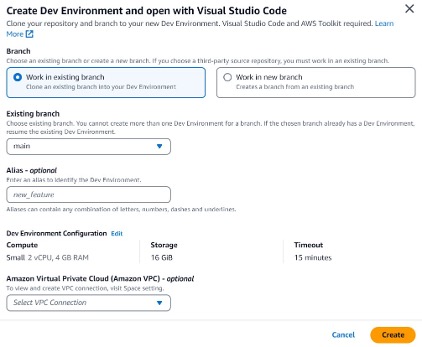 Create Dev Environment in Amazon CodeCatalyst