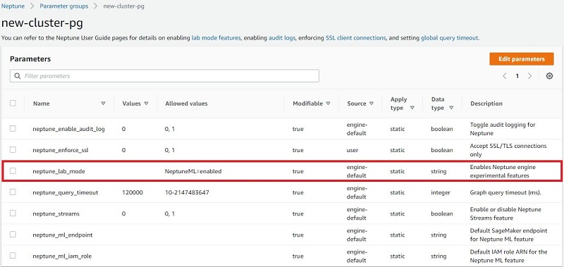 When the AWS CloudFormation setup is complete, you can confirm that the neptune_lab_mode parameter for the cluster parameter group associated with your cluster contains NeptuneML=enabled.