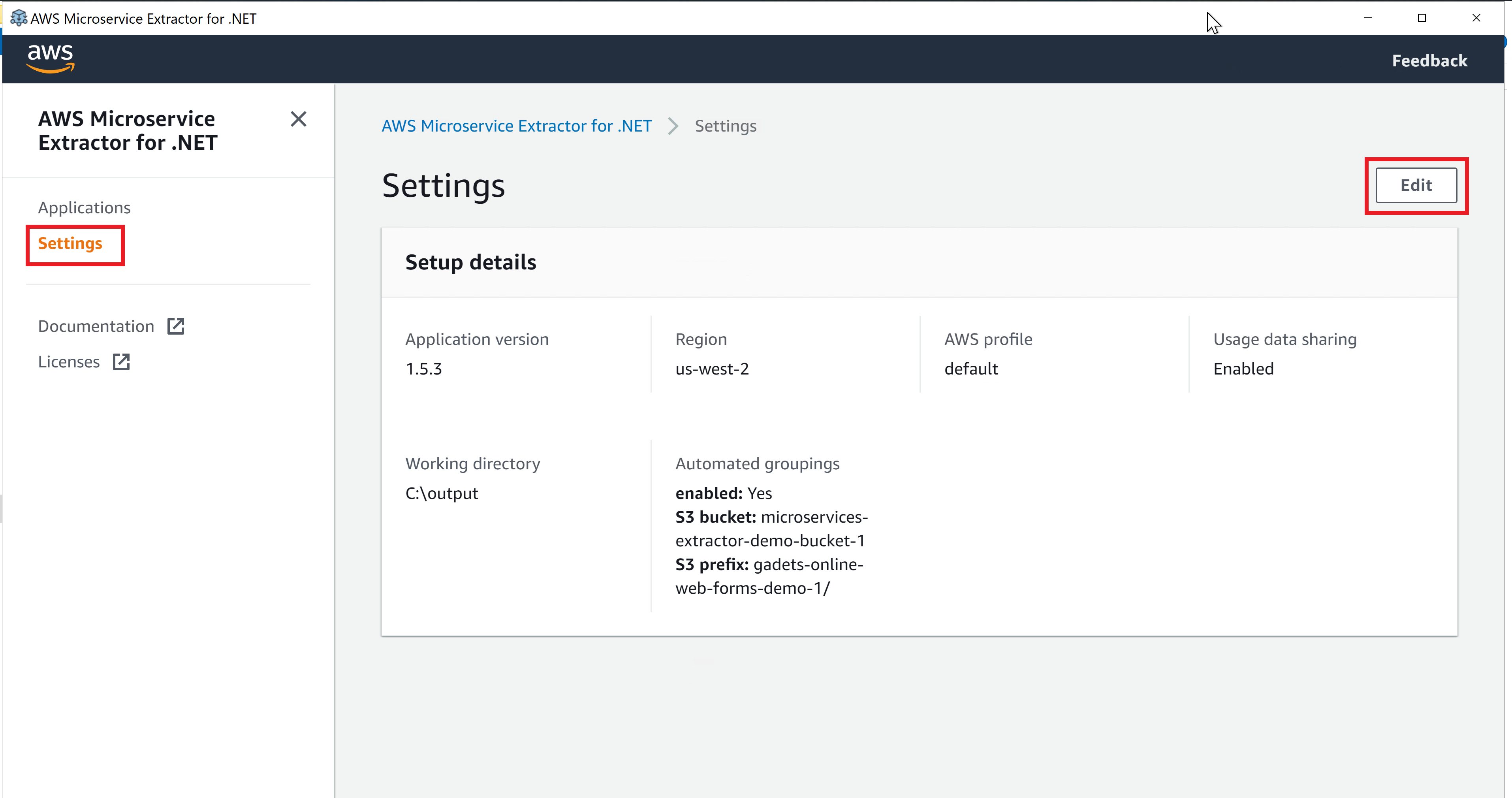 Figure 1 - AWS Microservices Extractor for .NET Settings