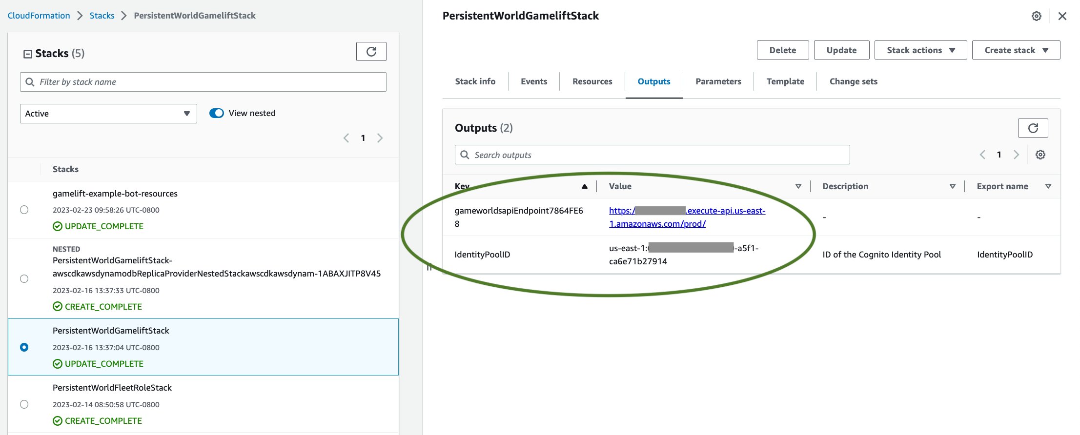 Then, open the AWS CloudFormation console to find the outputs of the stack for client endpoint configuration: