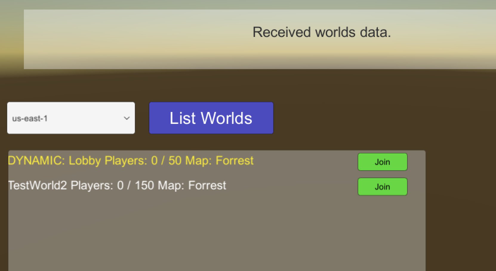 The dynamic worlds are indicated with a yellow color in the UI. If you configure a higher amount of instances for your fleet locations in the GameLift console, new dynamic worlds will be created as you create player sessions on the first instance of the dynamic world.