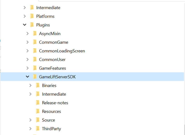 Image showing Unreal folder tree with Plugins\GameLiftServerSDK folder highlighted