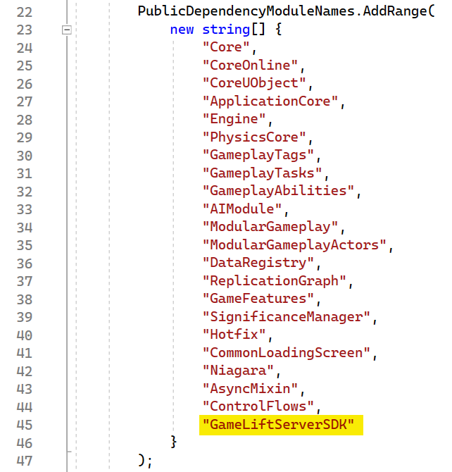 Image showing GameLift ServerSDK added to public module dependencies list