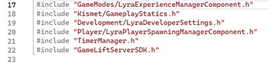 Image showing GameLiftServerSDK.h included at the top of the file
