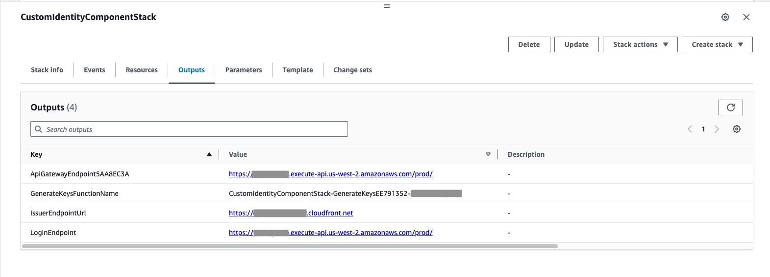 CloudFormation Stack outputs for the CustomIdentityComponentStack