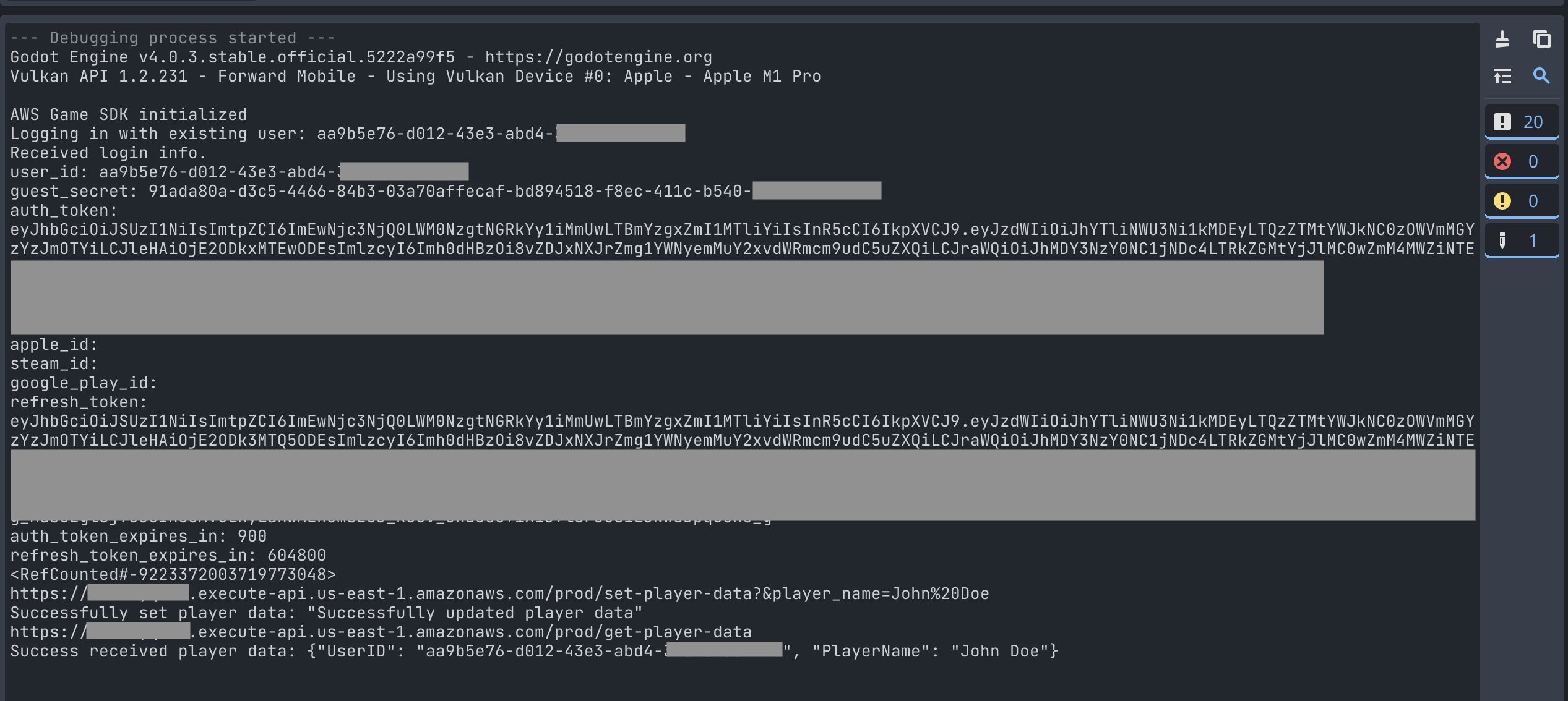 Example log output for running the Godot application. User logs in as guest and sets and gets player data through the serverless APIs.