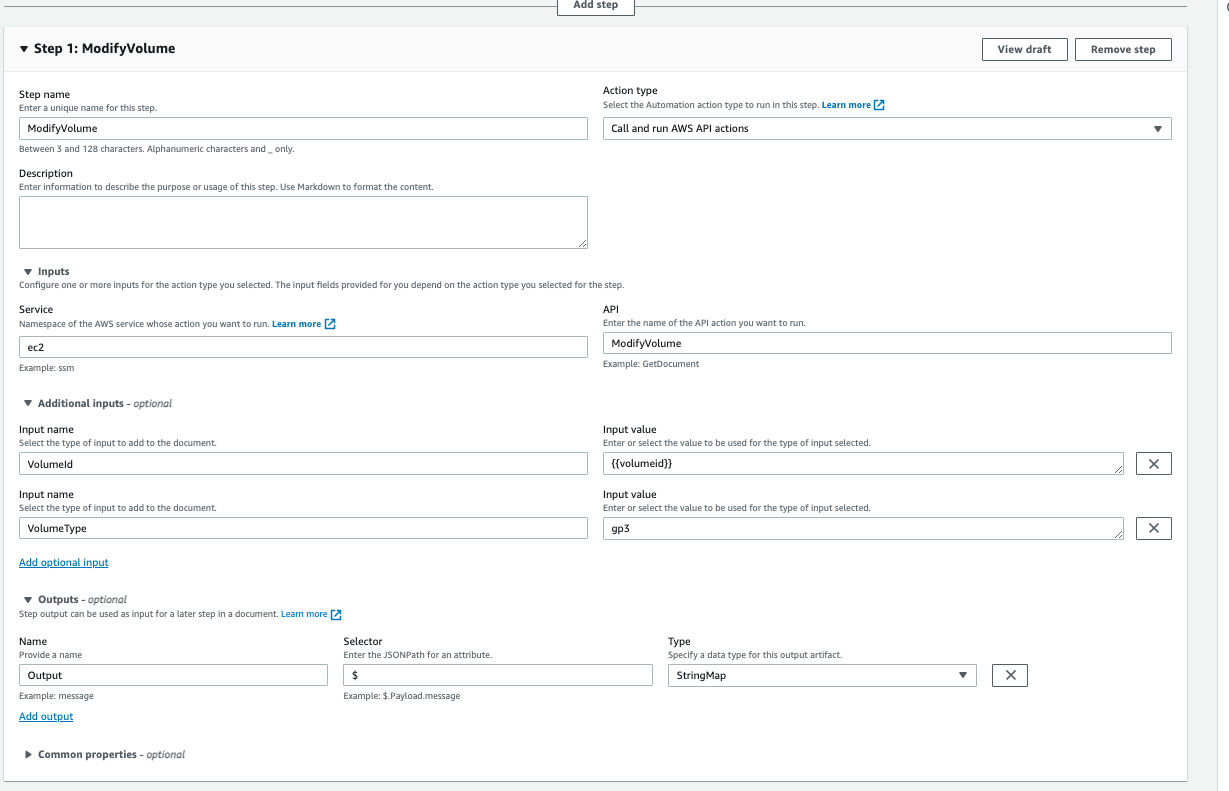 Below "Add Step", "ModifyVolume" is shown for the step name. The action type is "Call and run AWS API actions". Below Inputs, the service is "ec2" and the API is "ModifyVolume". Below "Outputs", "Output" is shown under name, "$" for Selector, and "StringMap" for Type.