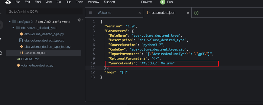 In the Parameters file, the source event shows the resource type as an EC2 volume.