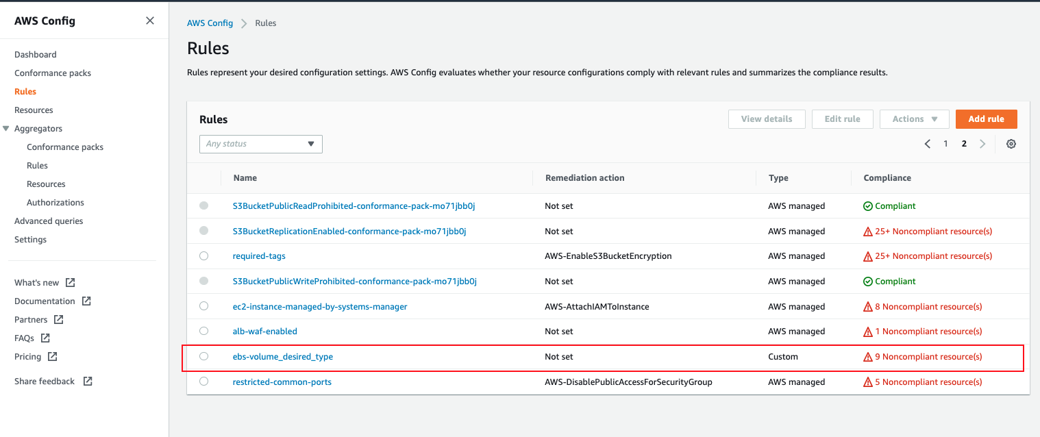 In the AWS Config console, under Rules, there is a new custom rule showing "ebs-volume_desired_type".